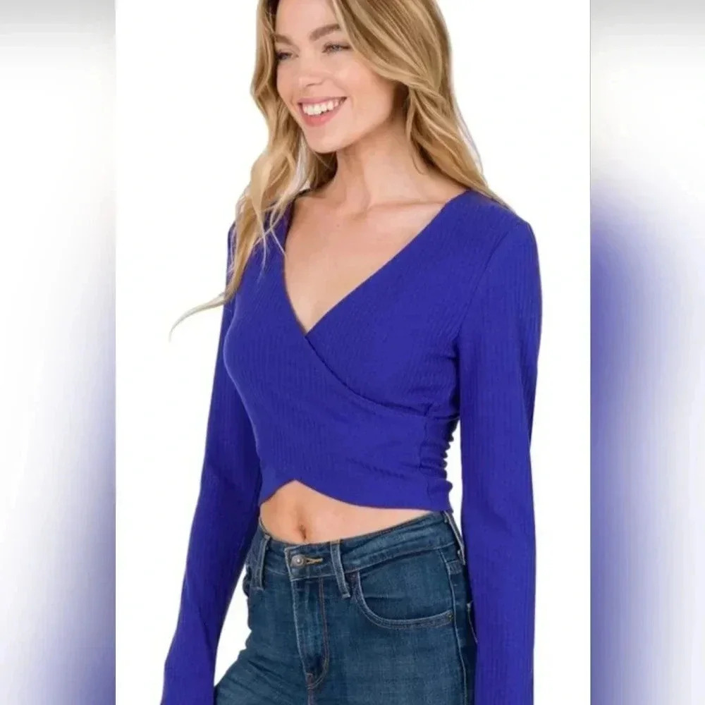 Zenana Brand New Blue Crossbody Long-sleeved Ribbed Croptop Size M